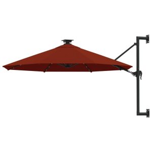 Wandparasol met LED's en metalen paal 300 cm terracottakleurig